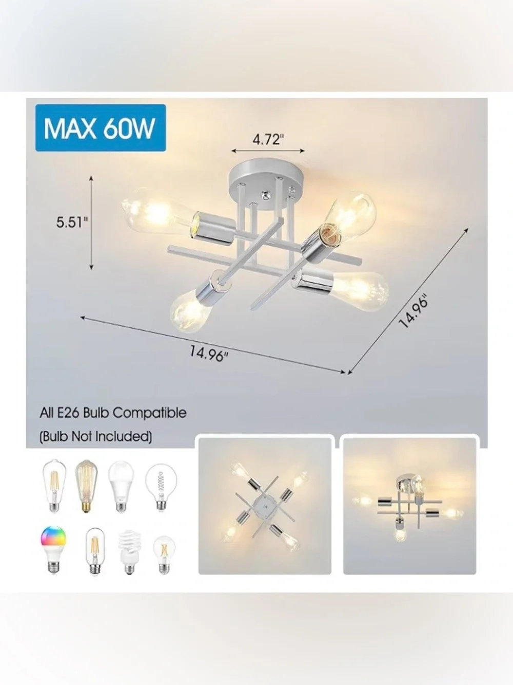Chrome Semi Flush Mount Ceiling Lights, SILVER, 1 Pack, New
